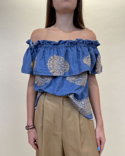 Top in cotone chambray con ricami Tensione in