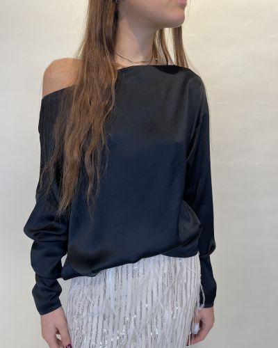 Blusa in raso di viscosa nero scollo a barca Souvenir